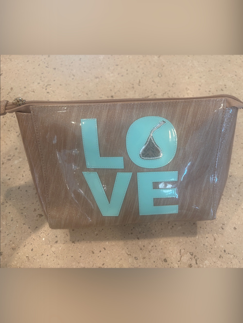 LOVE Cosmetic Bag in Taupe with Mint Accent
